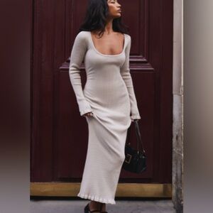 PrettyLittleThing Tan Ribbed Ruffled Maxi Dress